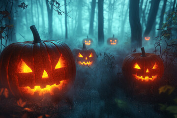 Glowing Jack-o'-Lanterns in a Foggy Forest