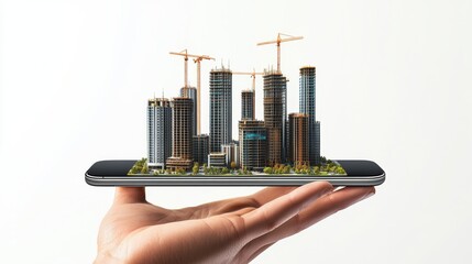 A hand holding a mobile flat on palm , and Multiple construction city building coming out from a flat mobile screen kept flat on a surface, solid white background