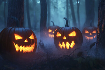 Illuminated Jack-o'-Lanterns in a Foggy Forest