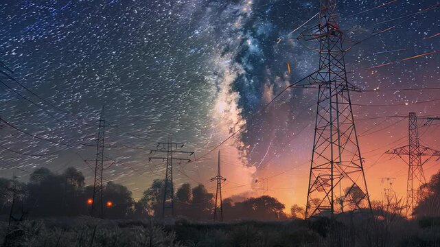 Electricity transmission towers with orange glowing wires the starry night sky. Energy infrastructure concept, energy, electricity, voltage, supply