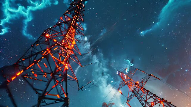Electricity transmission towers with orange glowing wires the starry night sky. Energy infrastructure concept, energy, electricity, voltage, supply