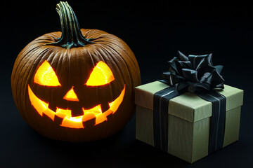 A Lighted Jack-O-Lantern Beside a Green Gift Box with a Black Bow