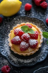 Raspberry on top of lemon curd tartlet, dusted with dusting sugar