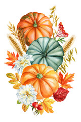 Colored pumpkin, flower, leaves isolated background, watercolor botanical illustration hand drawing autumn poster design