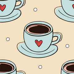 Autumn and winter seamless vector pattern with colorful cup of coffee or tea. Simple doodle style