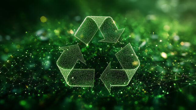 Abstract green digital mesh background with the recycling symbol, representing environmental protection and sustainability in waste management.