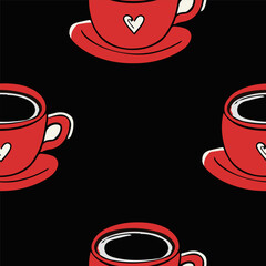 Autumn and winter seamless vector pattern with colorful cup of coffee or tea. Simple doodle style