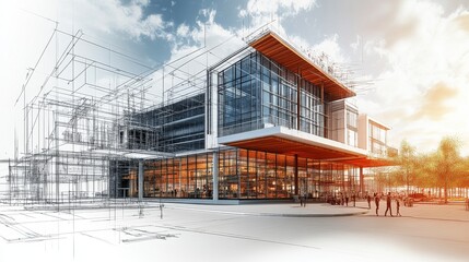 the left half displays architectural blueprints in classic drafting style, complete with detailed lines and dimensions.