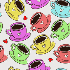 Autumn and winter seamless vector pattern with colorful cup of coffee or tea. Simple doodle style