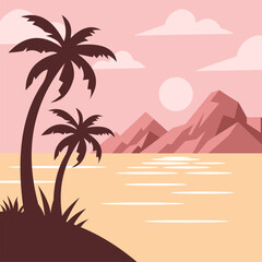 illustration of a beach and mountain with a sunset atmosphere