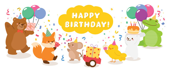 Happy birthday concept animal vector set. Collection of adorable wildlife, bear, fox, rat, rabbit, chick, crocodile. Birthday animal character illustration for greeting card, kid, education, prints.