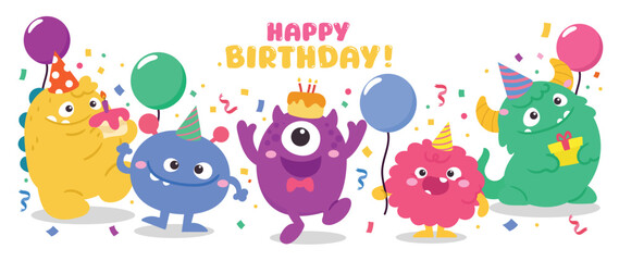 Happy Birthday concept monster party vector set. Collection of cute cartoon monster in different playful characters. Funny alien, demon and creature flat vector design for comic, education, kids.