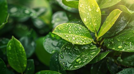 Lush green leaves with dewdrops glistening in the morning sun
