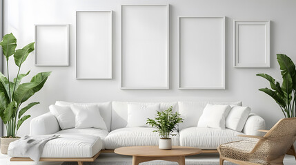 Empty picture frames on a white wall in modern living room with a modern sofa. Home staging concept mock up