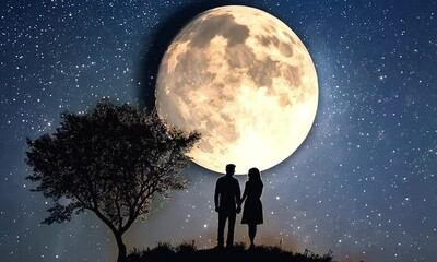 Silhouette of a couple holding hands beneath a full moon and starry night sky - Powered by Adobe