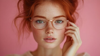 Fototapeta premium A woman with red hair and glasses is posing for a picture