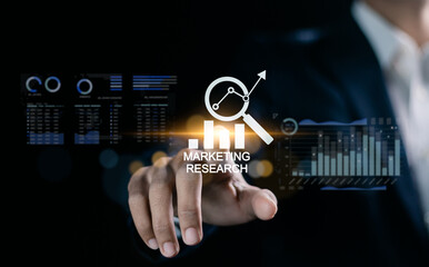 Marketing research concept, analysis, data, survey and development. Businessman touching marketing research icon on virtual screen for financial report, digital marketing and business data analysis.