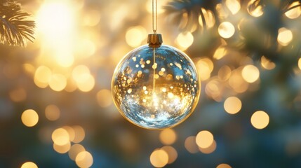 A sparkling glass ornament hanging from a tree, surrounded by glowing lights that create a warm, festive atmosphere.