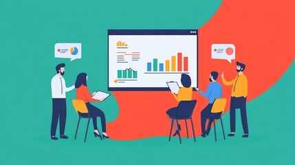 Illustration of a startup business pitch with investors business plans and financial projections