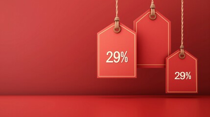 Red Sale Tags: 29% off sale with red tags hanging on red background.  Perfect for discount, clearance, promotion, and sale advertisement. Minimalist and modern design. 