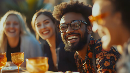 A group of friends sitting at a table in a cozy restaurant or pub, enjoying drinks like wine, beer, and cocktails. Some are wearing masks, and they are smiling, chatting, and having a good time