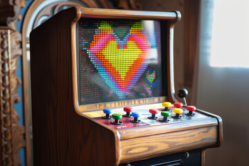 A vintage arcade game machine cabinet with pixel heart icon colorful controllers and a screen isolated.



