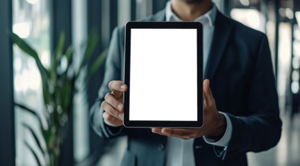png. A businessman holds a mockup. iPad digital tablet with blank screen Mockup replaces your design mockup in the office. transparent screen. png