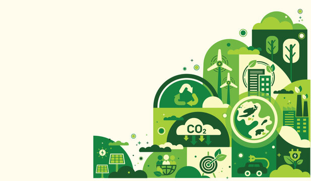 World environment and sustainable development concept with ecology icons template vector flat design, eco friendly and green technology. ESG for business and organization. Net zero and carbon neutral