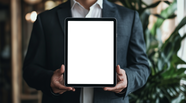 png. A businessman holds a mockup. iPad digital tablet with blank screen Mockup replaces your design mockup in the office. transparent screen. png