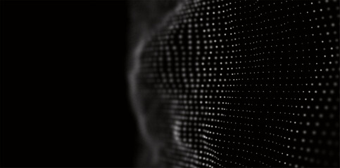 Abstract white particle background. Flow wave with dot landscape. Digital data structure. Future mesh or sound grid. Pattern point visualization. Technology vector illustration.