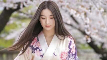 Naklejka premium Woman cherry blossom kimono. Young woman in a traditional Japanese kimono with cherry blossoms in the background. The image symbolizes beauty, grace, and spring.