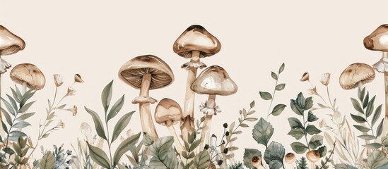 Watercolor Painting of Mushrooms and Foliage