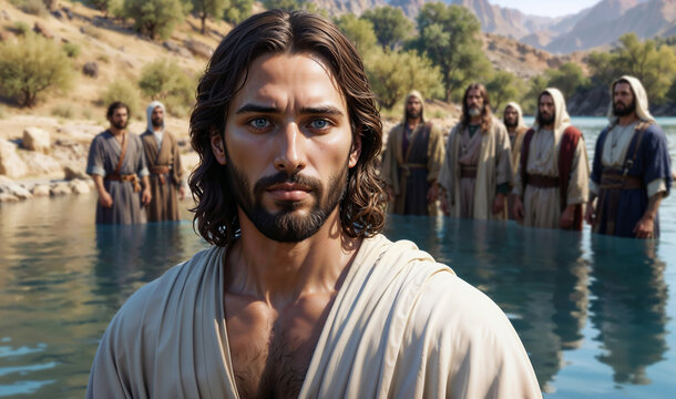 Art illustration religious theme.  The Baptism of Jesus bible scene concept. Then Jesus came from Galilee to the Jordan river to be baptized by John the Baptist.