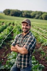 Proud farmer standing in a field with a smile