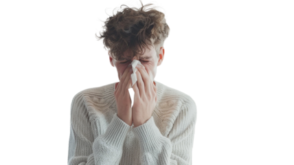 Unhappy man with paper napkin blowing nose isolated on transparent background PNG.

