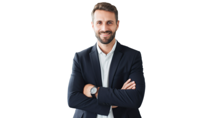 Happy company leader CEO boss executive standing isolated on transparent background PNG.
