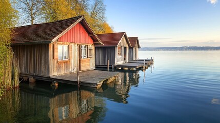 Obraz premium Lakefront Cabins Reflecting on Calm Waters