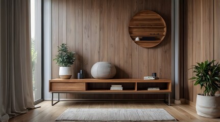 Modern wooden entrance hallway adorned with warm, cozy tones.The contemporary home features a sleek wooden desk, an elegant stand, and a practical shoe bench.