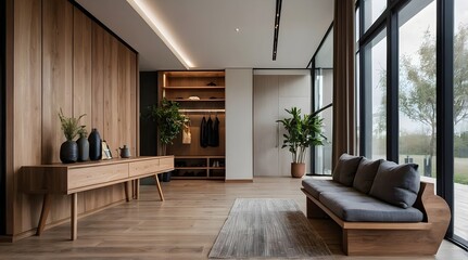 Fototapeta premium Modern wooden entrance hallway adorned with warm, cozy tones.The contemporary home features a sleek wooden desk, an elegant stand, and a practical shoe bench.