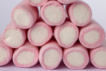 Detailed Horizontal Shot of Pyramid Marshmallows on White