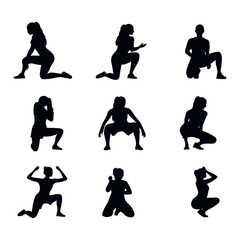 Vector set Silhouette of women squat exercises workout silhouette on white background
