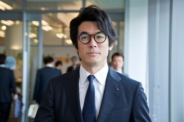 Fototapeta premium Businessman portrait. A man in a suit, wearing glasses, looking at the camera in an office setting.