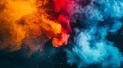 Energetyczny rozbryzg kolorowej farby na ciemnym tle, tworzący dynamiczny i intensywny efekt.