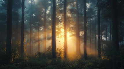 Fototapeta premium Poranny wschód słońca w lesie tworzy cudowną scenę, gdzie ciepłe odcienie złota i pomarańczy rozświetlają głęboką zieleń drzew.