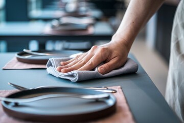 Cleaning restaurant table. Hand wiping down a restaurant table, ensuring cleanliness and hygiene for diners.