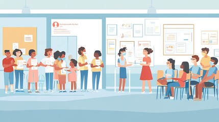 Illustration of a vaccination drive with diverse groups of people receiving vaccines in a community center