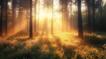 Fototapeta premium Poranny wschód słońca w lesie tworzy cudowną scenę, gdzie ciepłe odcienie złota i pomarańczy rozświetlają głęboką zieleń drzew.