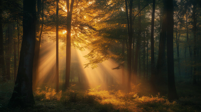 Fototapeta  Poranny wschód słońca w lesie tworzy cudowną scenę, gdzie ciepłe odcienie złota i pomarańczy rozświetlają głęboką zieleń drzew.