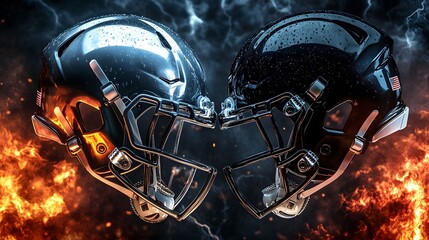 American Football Helmets Clashing in Flames