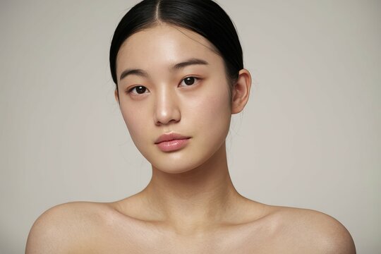 Woman face portrait. Close up portrait of a young woman with soft, natural makeup, looking directly at the camera.
